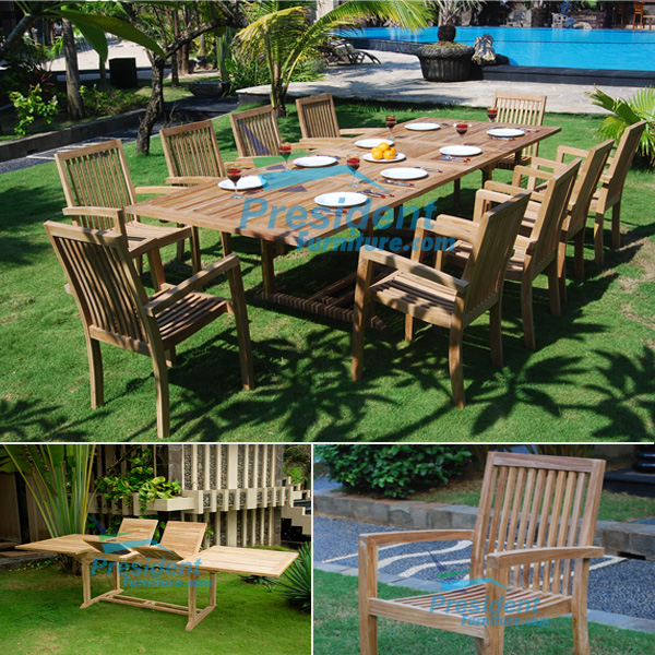 teak garden furniture Rect D Ext Table 200-300x110 Tecko 1 Stacking Chair